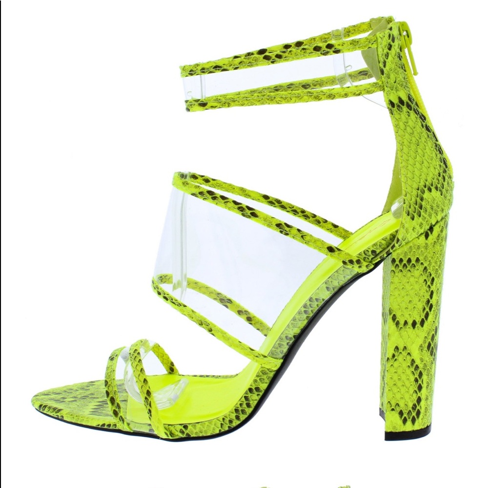 Neon green snake print pointed toe lucite heels